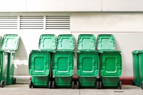 Segregated waste bins in a temple setting