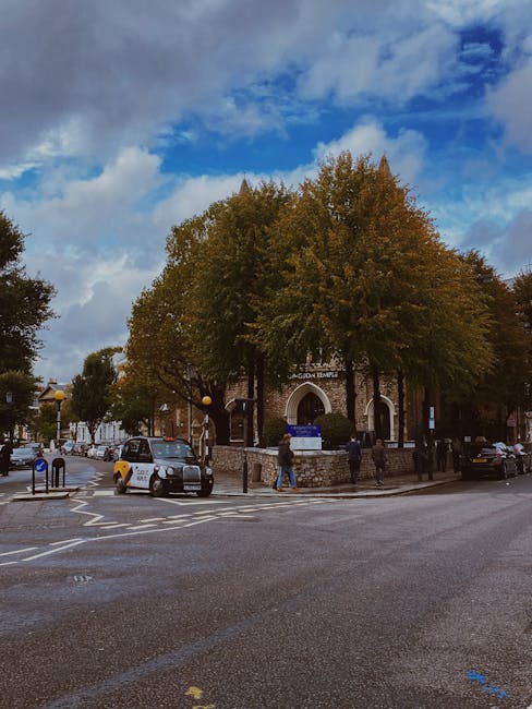 A street scene featuring a large mature tree with dense, greenish-brown foliage situated in front of a church building. The church has a stone exterior with an arched entrance and a sign above it. Sev